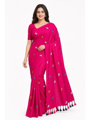 Women's Mul Cotton Saree ,Thread embroidery - Raspberry