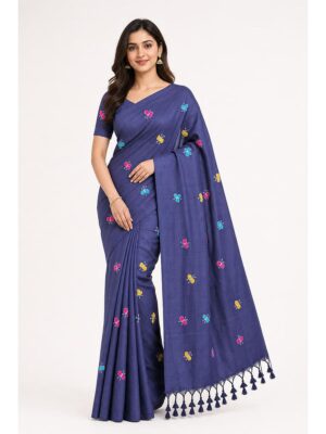Women's Mul Cotton Saree ,Thread embroidery - Navy Blue
