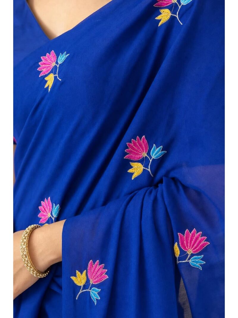 Women's Mul Cotton Saree ,Thread embroidery - Royal Blue