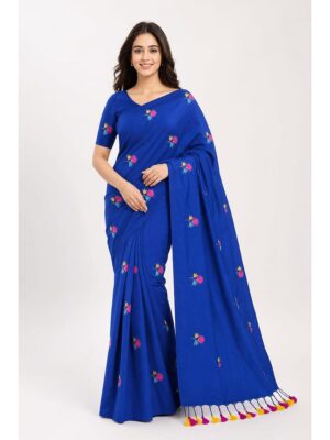 Women's Mul Cotton Saree ,Thread embroidery - Royal Blue