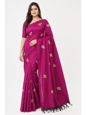 Women's Mul Cotton Saree ,Thread embroidery - Maroon