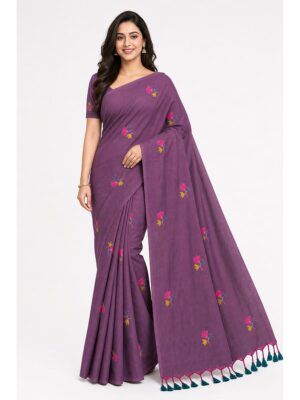Women's Mul Cotton Saree ,Thread embroidery - Burgundy