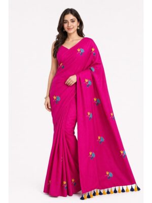 Women's Mul Cotton Saree ,Thread embroidery - Raspberry