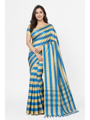 Women's Tissue Striped Saree – Blue & Gold