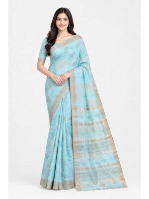 Women's Linen Cotton Saree - Sky Blue