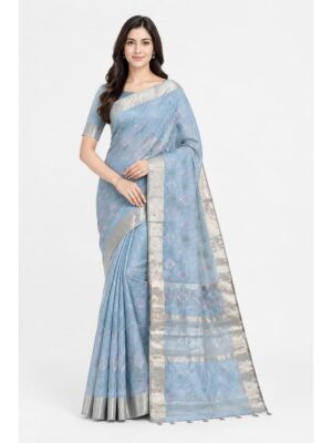 Women's Linen Cotton Saree - Grey