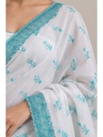 W-SR-528-01-SB-WH-b. Women's Georgette Embroidered Saree - White & Blue