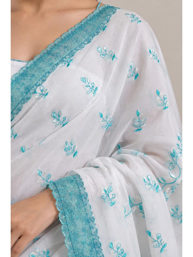 Women's Georgette Embroidered Saree - White & Blue