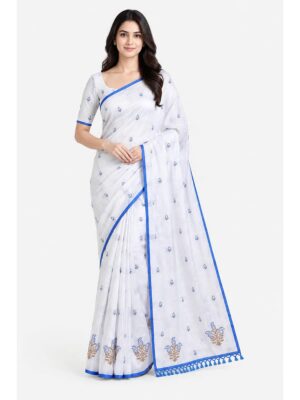 Women's Cotton Embroidered Saree - White & Blue