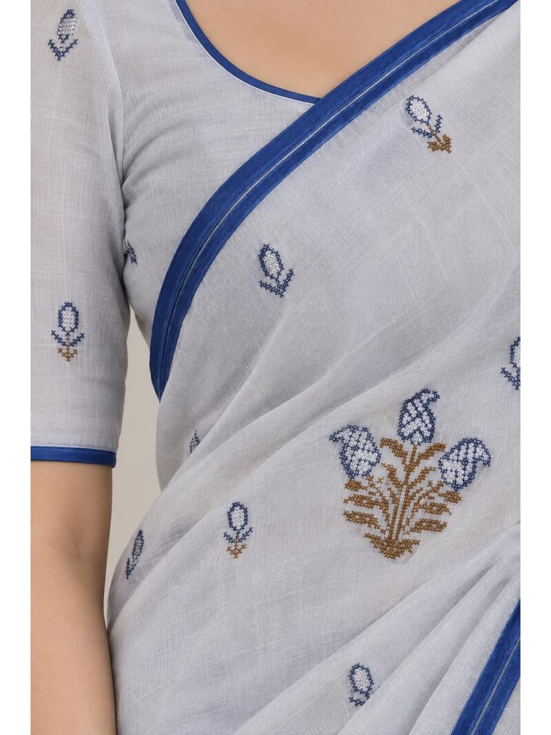 Women's Cotton Embroidered Saree - White & Blue