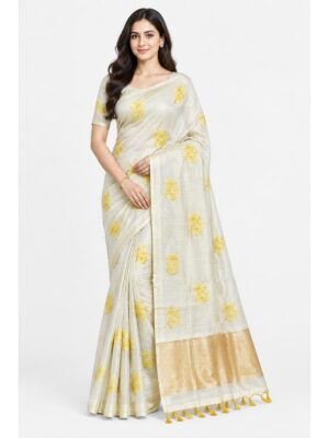 Women's Chanderi Embroidered Saree - Cream