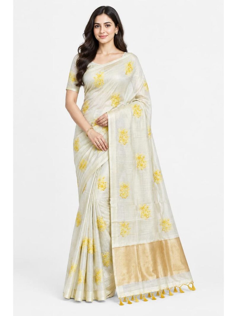 Women's Chanderi Embroidered Saree - Cream