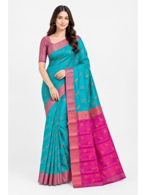 Women's Cotton Saree - Green & Magenta