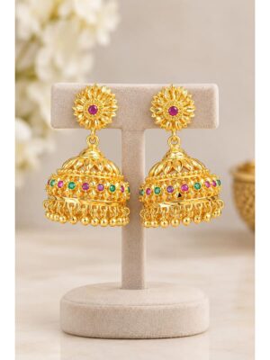 Jhumka Earrings, Gold Multicolor