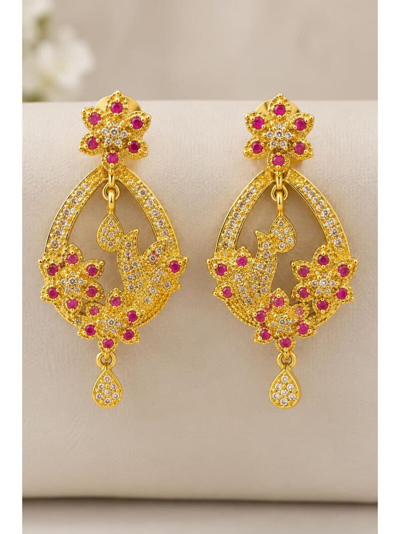 Floral Drop Earrings, Gold & Pink