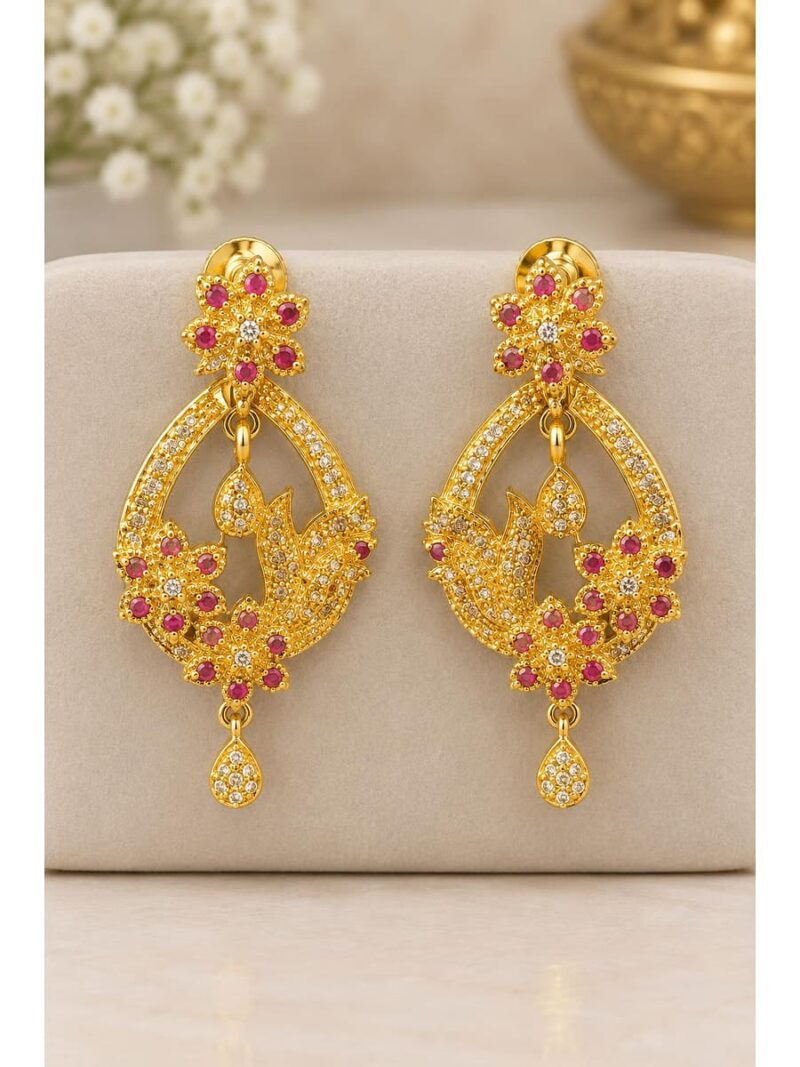 Floral Drop Earrings, Gold & Pink