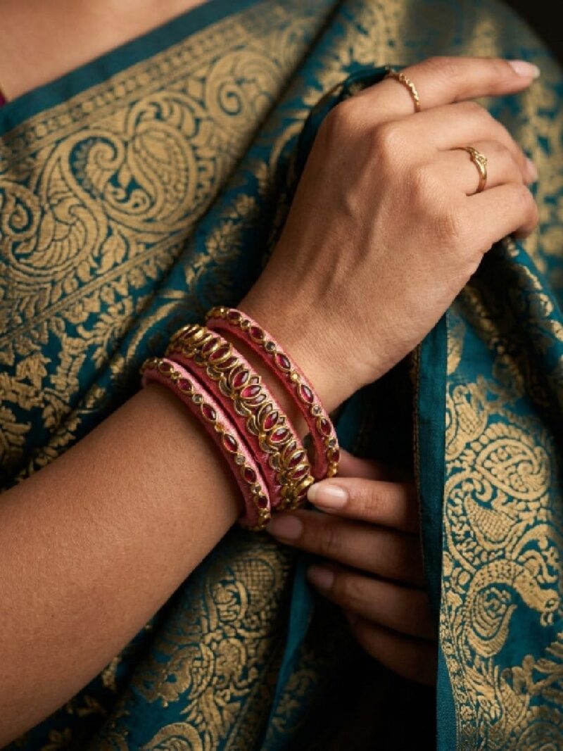 Women’s Silk Thread Kundan Bangles – Pink