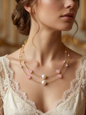 Women’s Gold Double Layer Pearl Necklace – Pink