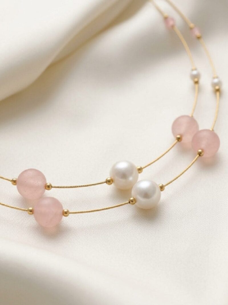 Women’s Gold Double Layer Pearl Necklace – Pink