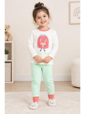 Baby Girls Cotton Pyjama Set – White & Mint Green