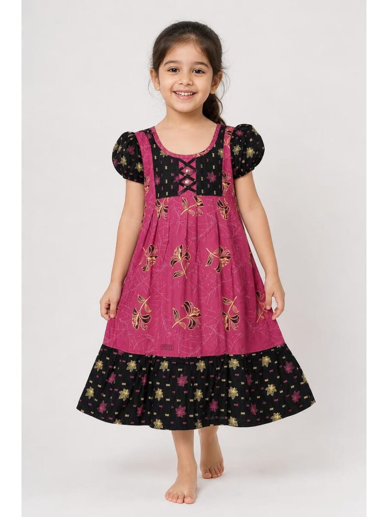 K-NY-562-01-TC-3-4Y-3_front Girls Cotton Frock Nighty - Terracotta & Black
