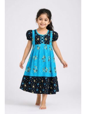 Girls Cotton Frock Nighty - Blue & Navy Blue