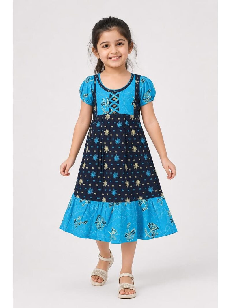 K-NY-562-04-NB-3-4Y-f.._front Girls Cotton Frock Nighty - Navy Blue & Blue