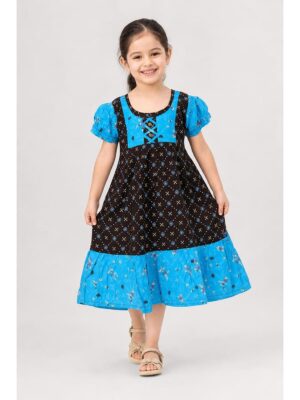 Girls Cotton Frock Nighty - Coffee & Blue
