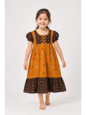 Girls Cotton Frock Nighty - Tangerine & Coffee