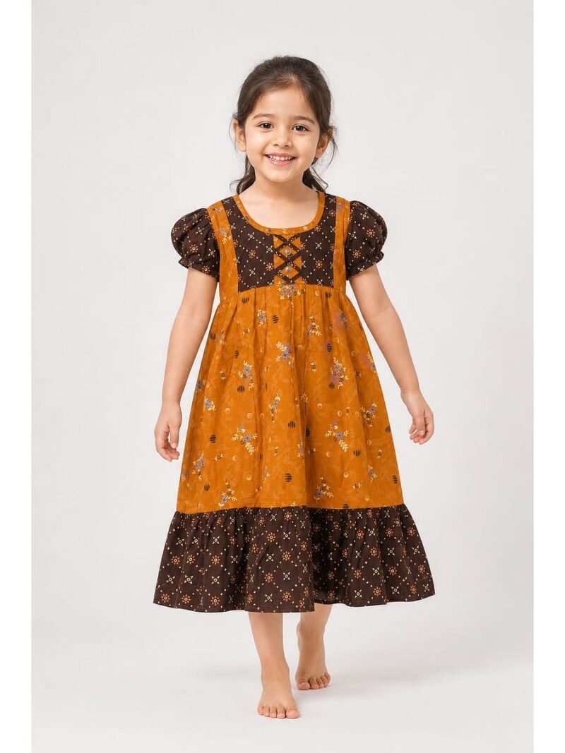 K-NY-562-09-TG-3 - ,,4Y_front Girls Cotton Frock Nighty - Tangerine & Coffee