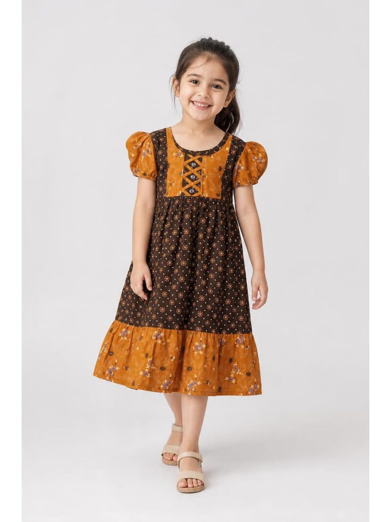 K-NY-562-10-CF-3-4Y-f,,,_front Girls Cotton Frock Nighty - Coffee &Tangerine