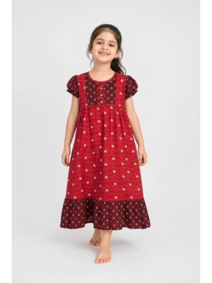Girls Cotton Frock Nighty -Red & Maroon