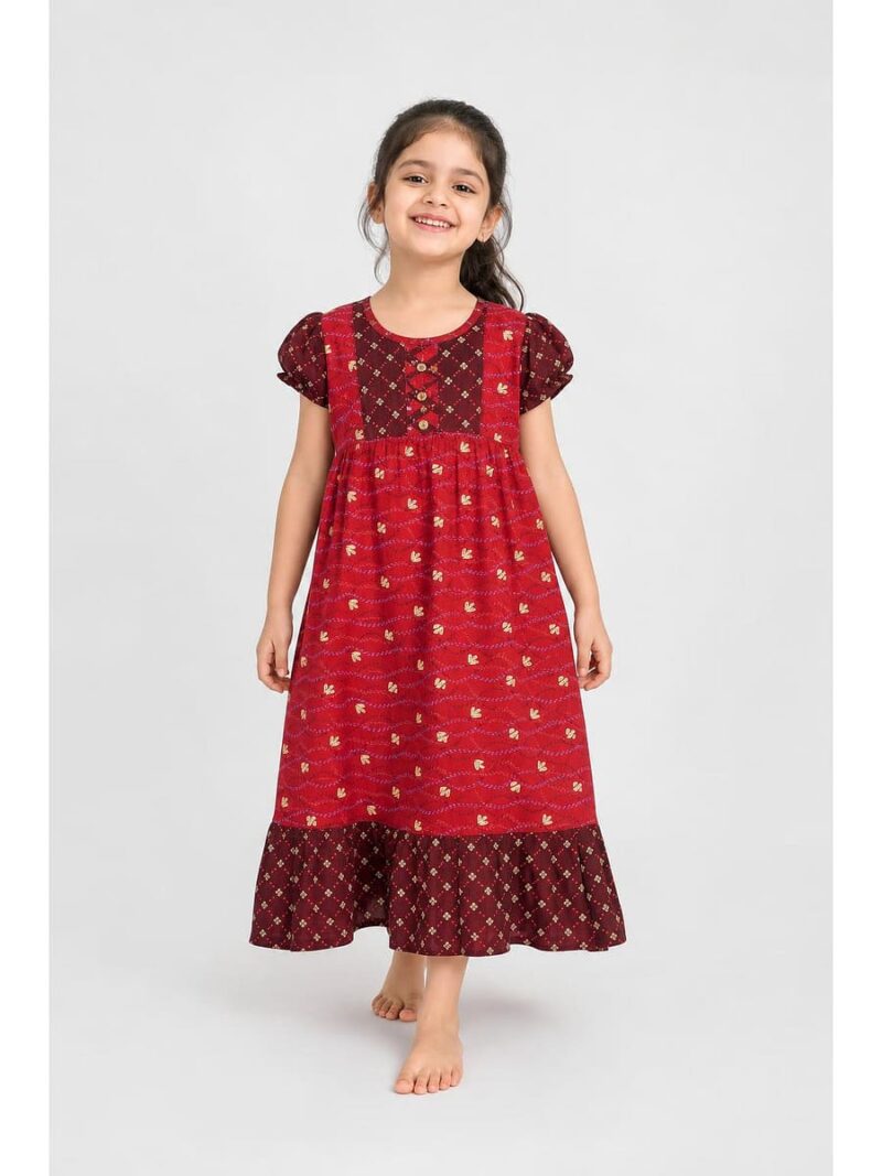 K-NY-562-13-RD-5-6Y-f1_front Girls Cotton Frock Nighty -Red & Maroon