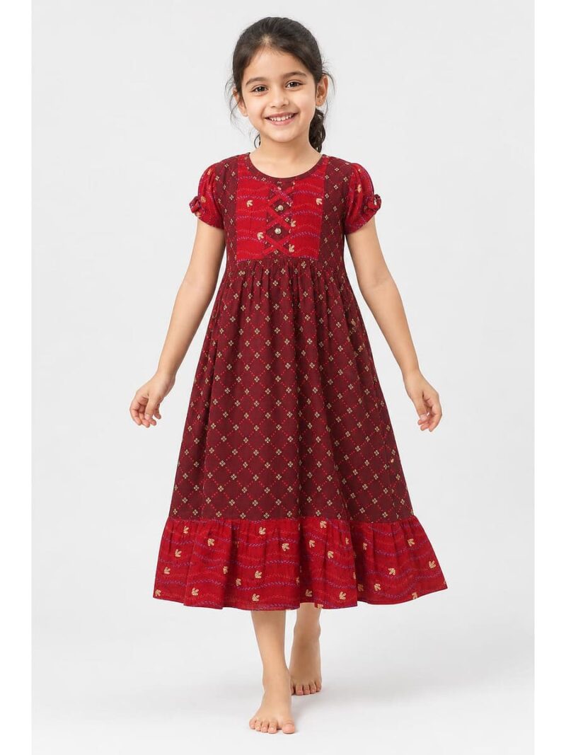 K-NY-562-14-MR-6-7Y_front Girls Cotton Frock Nighty - Maroon & Red