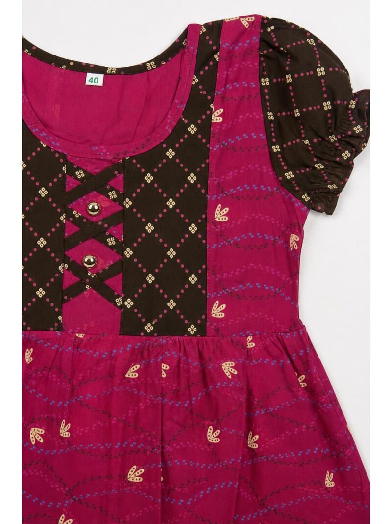 Girls Cotton Frock Nighty - Cerise & Olive Green