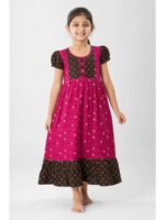 K-NY-562-15-CRS-6-7Y_front Girls Cotton Frock Nighty - Cerise & Olive Green