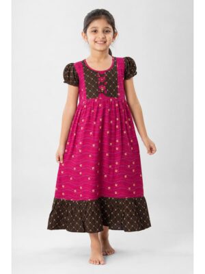Girls Cotton Frock Nighty - Cerise & Olive Green