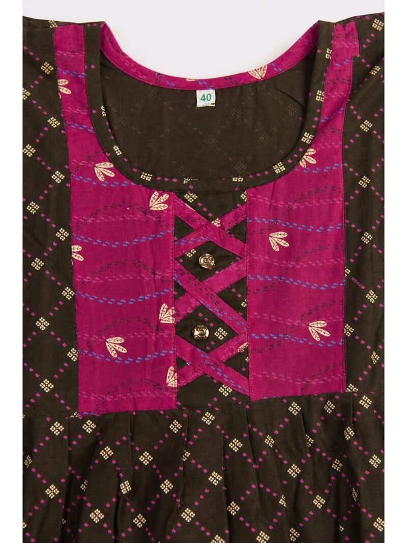 Girls Cotton Frock Nighty - Olive Green & Cerise