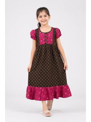 Girls Cotton Frock Nighty - Olive Green & Cerise