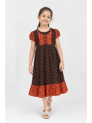 Girls Cotton Frock Nighty - Tangerine & Coffee