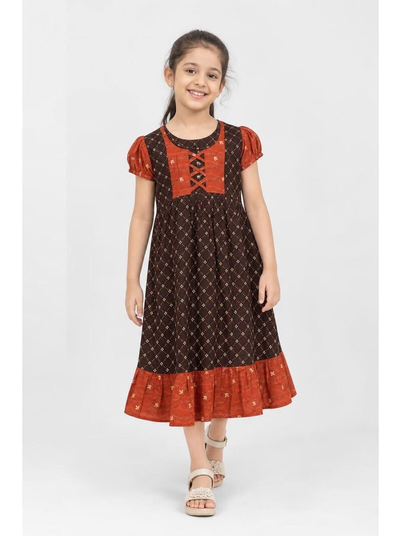 K-NY-562-17-TG-6-7Y_front Girls Cotton Frock Nighty - Tangerine & Coffee