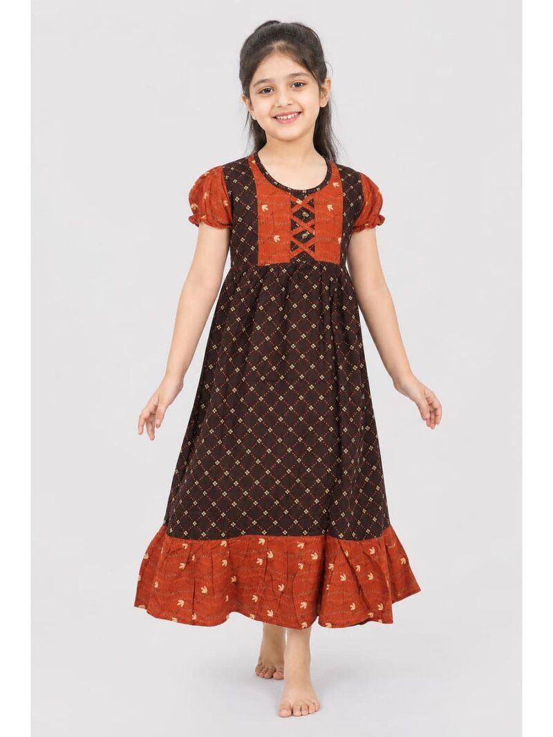 K-NY-562-18-CF-6-7Y_front Girls Cotton Frock Nighty - Coffee & Tangerine