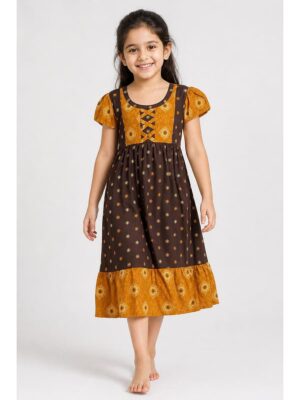 Girls Cotton Frock Nighty - Coffee