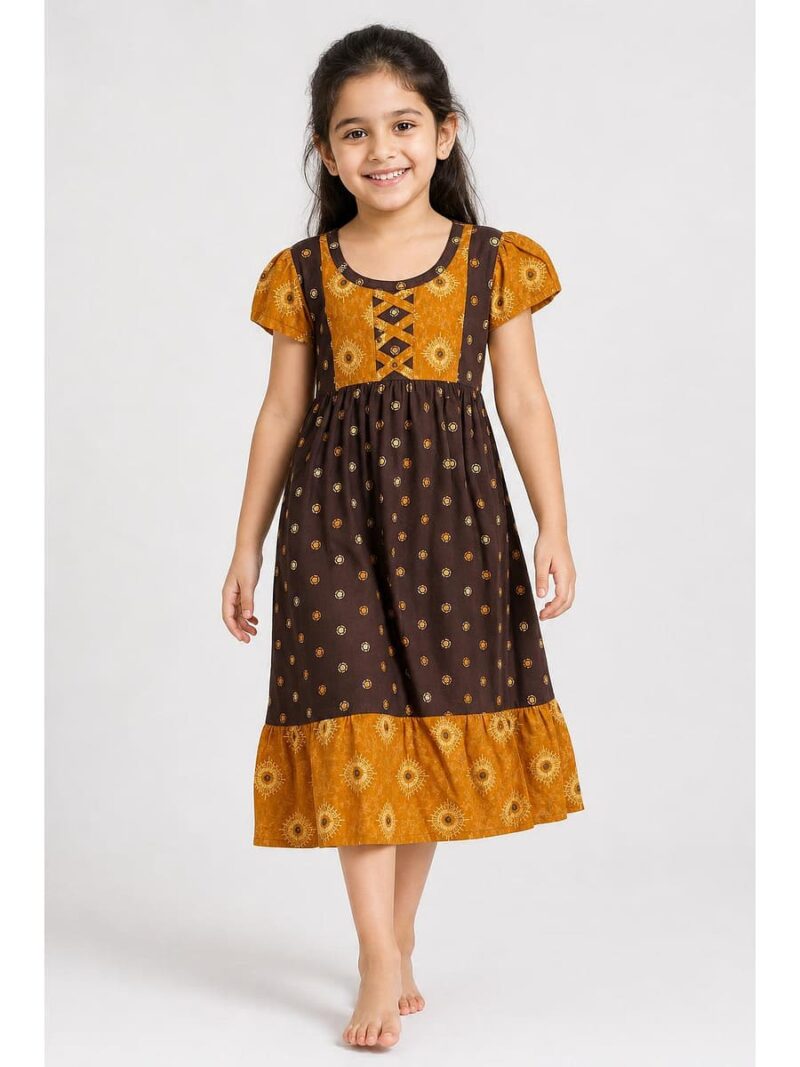 K-NY-562-22-CF-5-6Y_front Girls Cotton Frock Nighty - Coffee