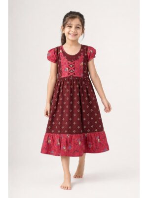 Girls Cotton Frock Nighty - Maroon