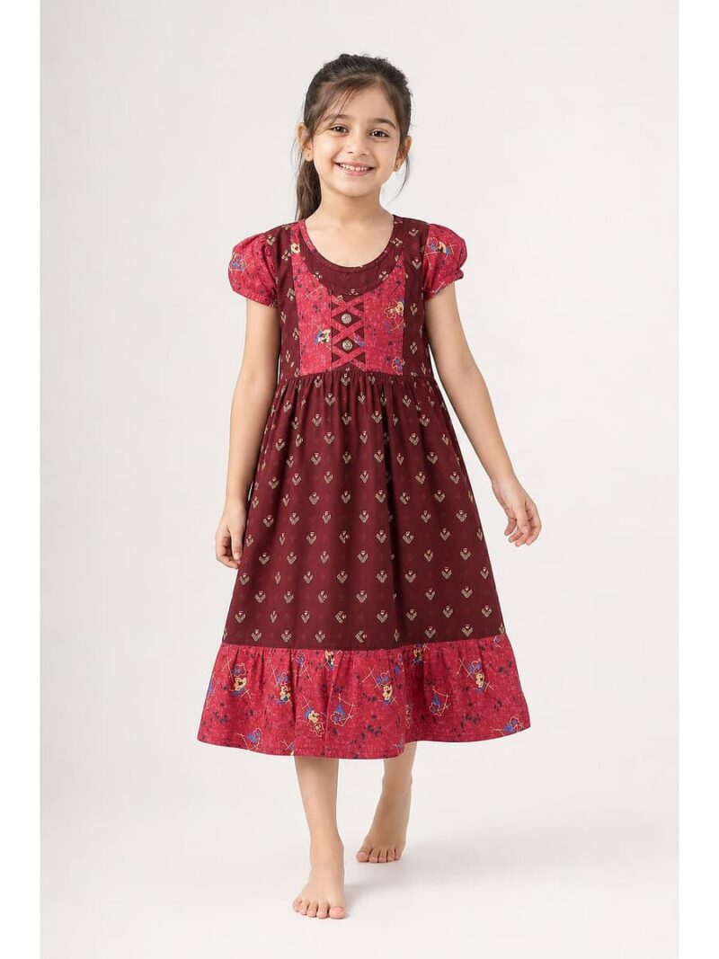 K-NY-562-28-MR-5-6Y-f1._front Girls Cotton Frock Nighty - Maroon