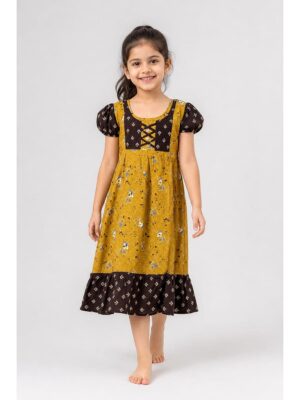 Girls Cotton Frock Nighty - Mustard Yellow