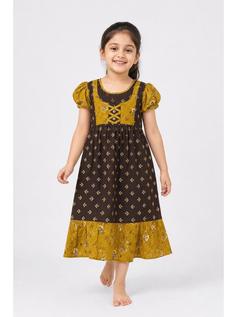 K-NY-562-30-CF-5-6Y_front Girls Cotton Frock Nighty - Coffee
