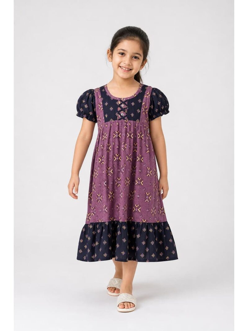 K-NY-562-33-PL-6-7Y_front Girls Cotton Frock Nighty - Plum