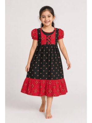 Girls Cotton Frock Nighty - Olive Green